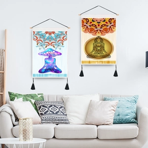 Nordic meditation wall tapestries featuring mandala art and mushroom portraits with tassels