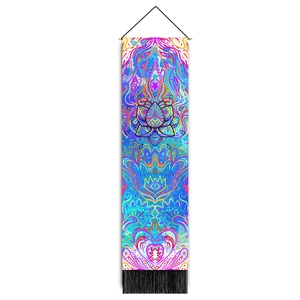Detailed view of colorful tie-dye lotus wall tapestry with black tassels and top hanging rod