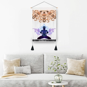 Nordic yoga meditation wall hanging tapestry with mandala art and black tassels for decor