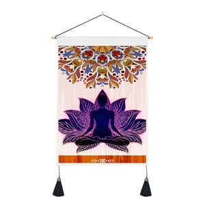 Detail of meditation tapestry with purple lotus, mandala art, and black tassels decoration