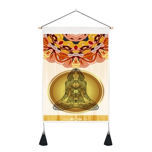Detailed view of Nordic meditation mandala tapestry with wooden rod and black tassels