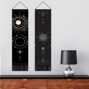 Bohemian black wall tapestry with mandala sun and moon phases designs and decorative tassels