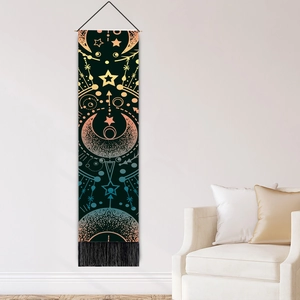 Bohemian mandala moon phase tapestry with hanging rod and black tassels on white wall