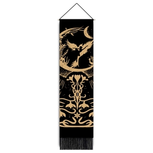 Vertical Indian Mandala tarot tapestry with moon, bird silhouette and black tassels