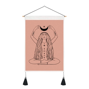 Bohemian moon woman tapestry with wooden rod and tassels for wall decor