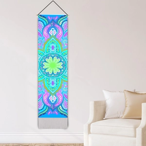 Vertical bohemian mandala tapestry with colorful prints and tassels for wall decor