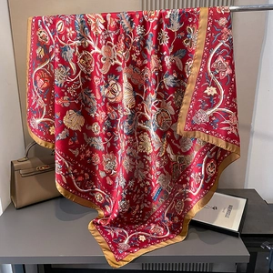 Retro ethnic print silk square scarf in deep red featuring floral and fruit patterns