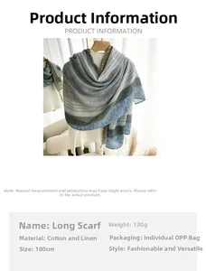 Detail view of cotton linen scarf with blue yellow stripes, fringe and 180cm size specs