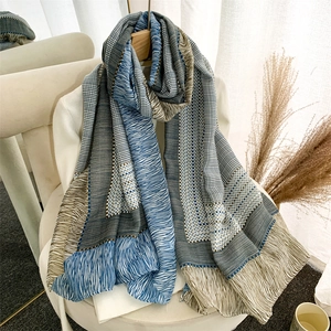 Artistic striped cotton linen scarf for women with blue and khaki geometric patterns