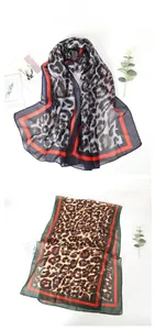 Detailed tile display of two leopard print chiffon scarves in navy and green colors