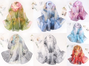 Detailed palette of seven gradient silk scarves with lotus Chinese ink painting patterns