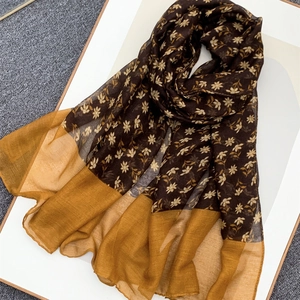Fashionable floral voile scarf in dark brown and yellow with vintage flower print pattern