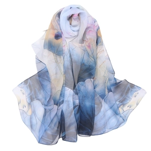 Lightweight summer georgette scarf with elegant lotus flower ink painting pattern