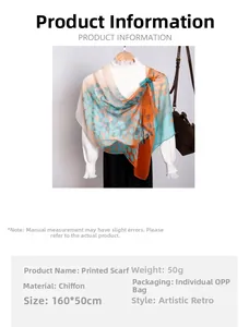 Close-up of orange and teal georgette scarf showing vintage print texture and 160x50cm size