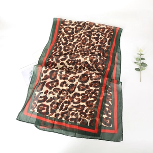 Lightweight leopard print chiffon scarf with green and red striped border for women