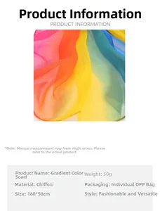 Detail view of colorful gradient georgette scarf showing soft fabric and specifications