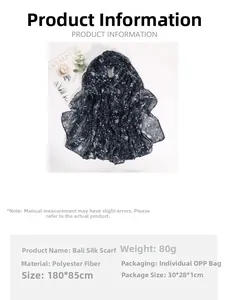 Detailed spec view of a floral voile scarf in navy blue, measuring 180x85cm and weighing 80g