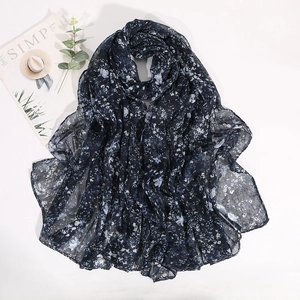 Floral navy blue bali yarn scarf with vintage patterns for women elegant winter wrap