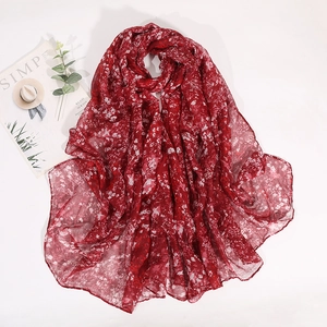 Floral red voile scarf with vintage patterns and lightweight soft breathable fabric