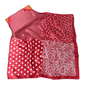 Red square satin silk scarf with vintage paisley and polka dot print with a gift box