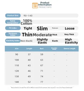 Detailed size chart and fabric specifications for boys cotton cartoon bear t-shirt