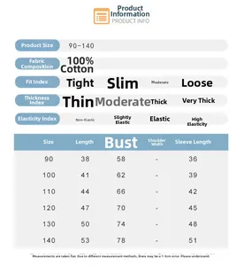 Tableau des tailles pour t-shirt enfant en coton avec mesures détaillées du 90 au 140
