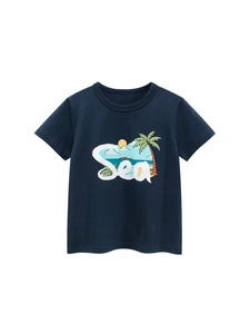 T-Shirt À Manches Courtes Pour Enfants En Coton Imprimé Plage Dessin Animé Col Rond Haut D'été Décontracté Garçons Filles