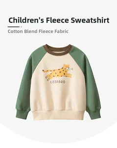 Detail of color-block fleece sweatshirt for kids featuring cartoon leopard print and soft texture