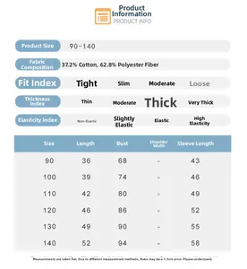 Tableau des tailles détaillé pour sweat enfant en polaire, mesures de 90 à 140 cm