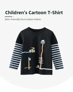 Close-up of boys long sleeve cotton shirt featuring a cartoon vehicle print and striped sleeves