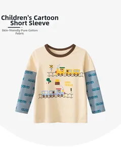Detail of soft cotton kids long sleeve tee with colorful train print and love travel text