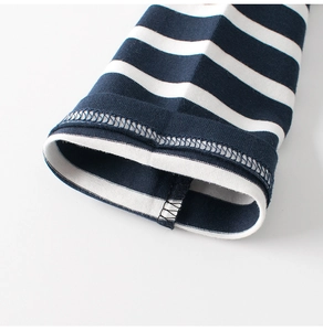 Detail of blue and white striped cotton long sleeves showing fine stitching and cuffs