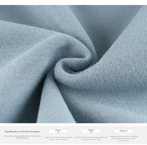 Gros plan sur un tissu en maille bleu-gris montrant les labels de sécurité pour enfants