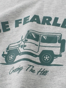 Kids long sleeve t-shirt in grey with green vintage off-road car and Be Fearless print