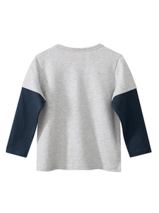 Kids long sleeve t-shirt with grey body and navy blue contrast sleeves on white background