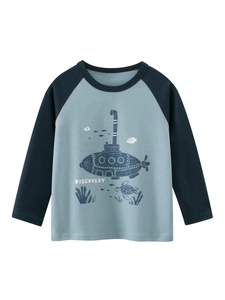 Boys Cartoon Ocean Discovery Raglan Long Sleeve T-Shirt Cotton Breathable Crew Neck Top For Toddler Kids
