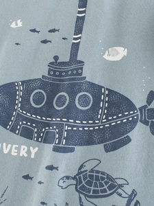 Kids long sleeve T-shirt featuring navy submarine and sea life print on grey-blue knit