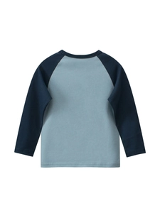 T-shirt a maniche lunghe raglan per bambini in cotone a contrasto blu chiaro e scuro