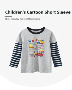 Close-up of cotton long sleeve kids shirt with truck print and striped sleeves