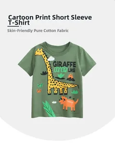 Detail of skin-friendly pure cotton fabric on kids dark green cartoon animal T-shirt