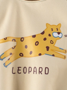 Kids cream sweatshirt with cartoon leopard print and ribbed crew neck detail