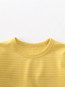 Kids yellow and white striped cotton T-shirt featuring a detailed round neckline view