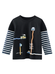 Boys Long Sleeve T-Shirt Cotton Cartoon Car Print Striped Sleeves Casual Black Round Neck Toddler Kids Top