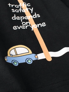 Boys black cotton long sleeve T-shirt with blue cartoon car print and safety slogan