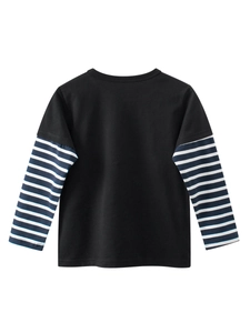 Kids long sleeve crewneck t-shirt with black body and blue white striped patchwork sleeves