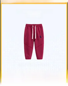 Detail of red kids joggers with white drawstring and dinosaur embroidery on leg