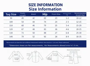 Size chart for boys dinosaur sports pants showing measurements for ages 1 to 9 years old