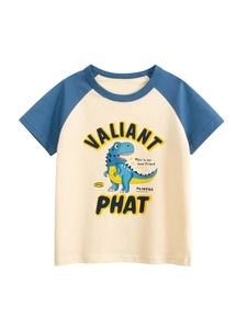 T-Shirt Garçon 100% Coton Manches Courtes Raglan Dessin Animé Dinosaure Imprimé Décontracté Été Enfant Haut Col Rond Souple