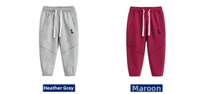 Detail view of cotton kids joggers with drawstring waist and embroidered dinosaur logo