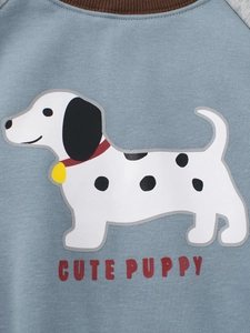 Sweatshirt bleu-gris pour garçon à manches longues avec motif chiot et col côtelé marron